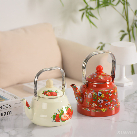 Télégers émoussés avec porcelaine Cool Handle Email Tea Toettle Stoveetop Vintage Teapot