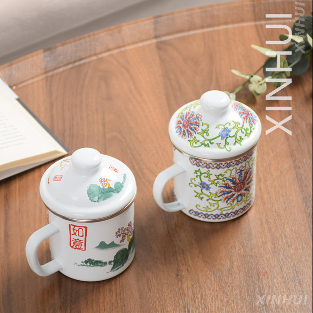 Tasse en émail à fleurs en porcelaine avec couvercle, tasse à thé, service à thé classique