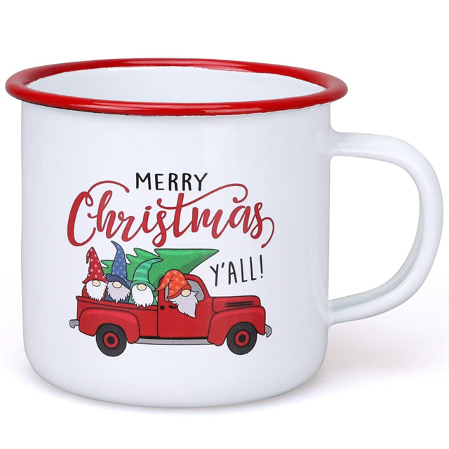 Tasses cadeaux de noël, camion d'arbre de noël imprimé, tasses à café en émail rouge