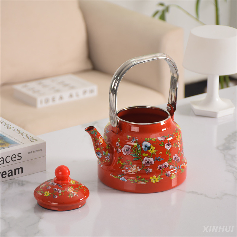  Télégers émoussés avec porcelaine Cool Handle Email Tea Toettle Stoveetop Vintage Teapot