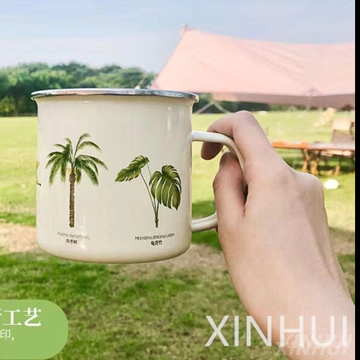 Tasse française avec bord de plante tropicale, tasse à café en émail pour Camping en plein air