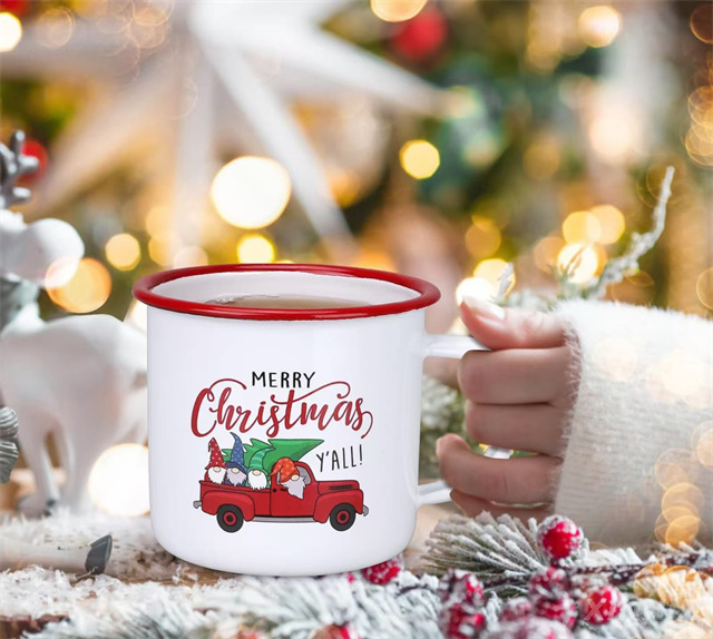 Tasses cadeaux de noël, camion d'arbre de noël imprimé, tasses à café en émail rouge