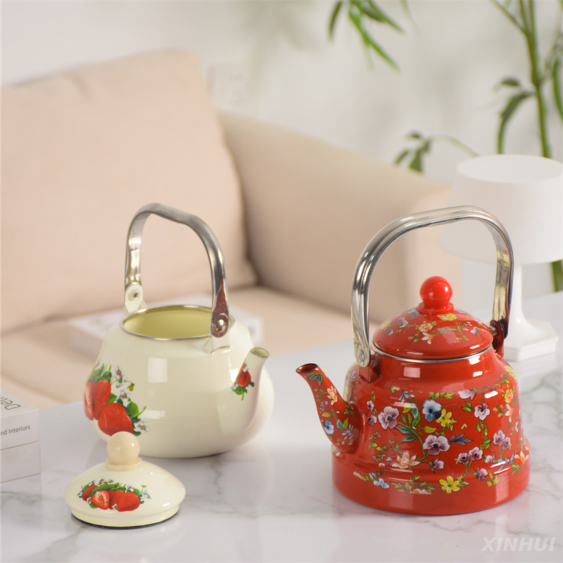 Télégers émoussés avec porcelaine Cool Handle Email Tea Toettle Stoveetop Vintage Teapot