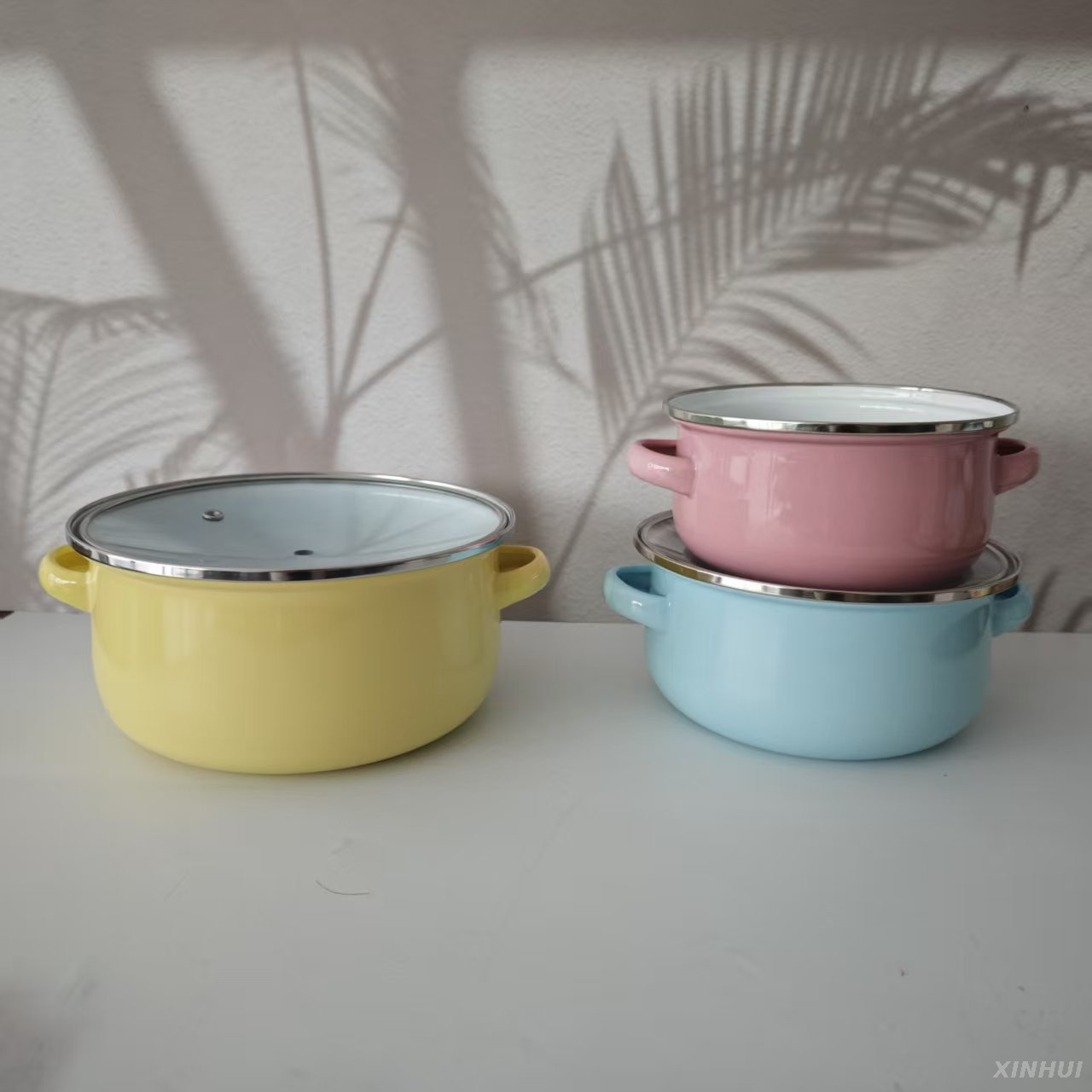 Ensemble de casseroles à soupe Pastel avec couvercle en verre, pot de cuisine en émail à Double bec