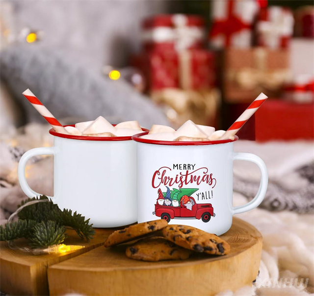 Tasses cadeaux de noël, camion d'arbre de noël imprimé, tasses à café en émail rouge