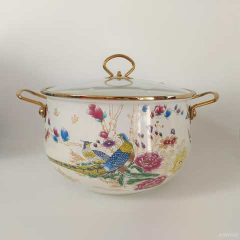 Pot à cuisson en émail avec couvercle, pot à soupe vintage pot à mijotage avec poignée pour la cuisine