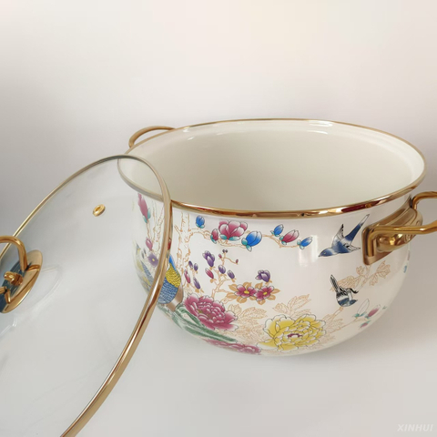 Pot à cuisson en émail avec couvercle, pot à soupe vintage pot à mijotage avec poignée pour la cuisine