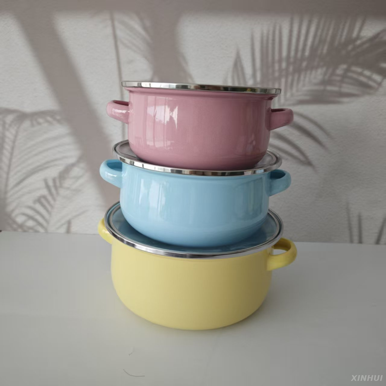 Ensemble de casseroles à soupe Pastel avec couvercle en verre, pot de cuisine en émail à Double bec