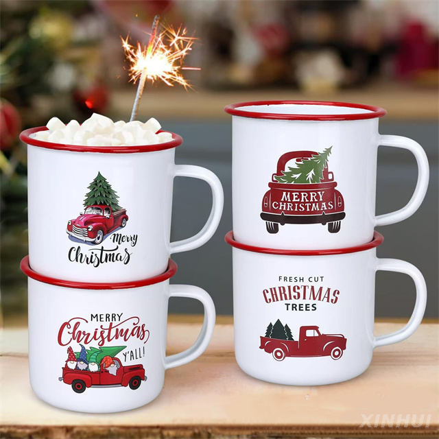 Tasses cadeaux de noël, camion d'arbre de noël imprimé, tasses à café en émail rouge