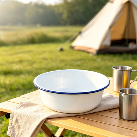 Bassin en émail à bord bleu blanc pour la préparation des aliments en cuisine